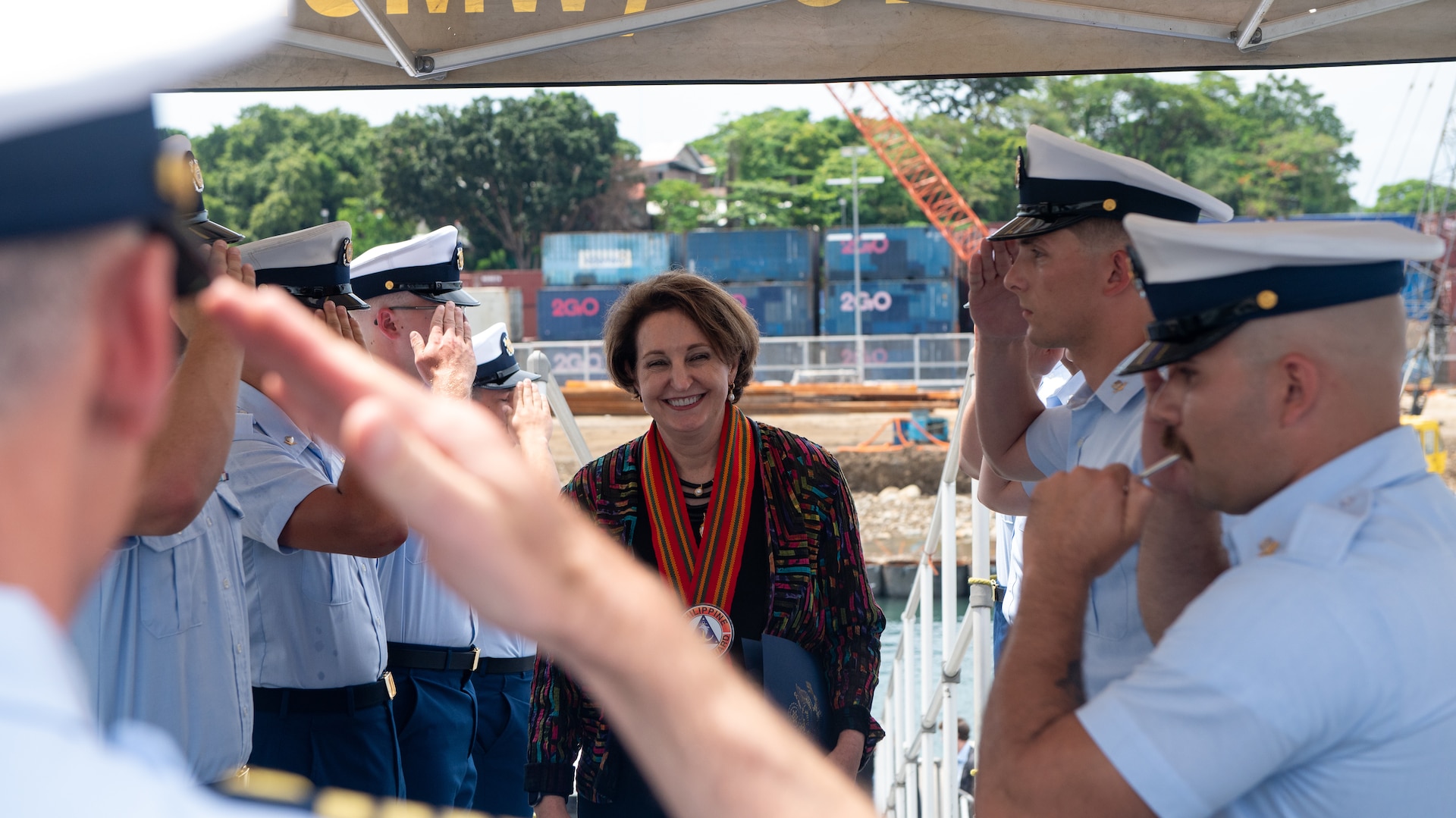 Capt. Brian Krautler and crewmembers assigned to the Legend-class USCGC Stratton (WMSL 752) salute the U.S. Ambassador to the Republic of the Philippines Marykay Carlson in Puerto Princesa, Philippines, May 16, 2025. Stratton is deployed and assigned to Destroyer Squadron (DESRON) 15, the Navy’s largest DESRON and the U.S. 7th Fleet’s principal surface force. U.S. Coast Guard Cutter Stratton is deployed to the Indo-Pacific to advance relationships with ally and partner nations to build a more secure and prosperous region with unrestricted, lawful access to maritime commons. (U.S. Coast Guard photo by Petty Officer 3rd Class William Kirk)