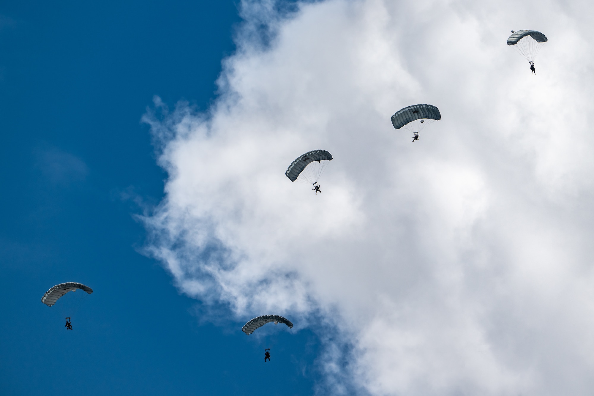 Five combat controllers from the Kentucky Air National Guard’s 123rd Special Tactics Squadron parachute into Barkley Regional Airport in Paducah, Ky., May 13, 2025, from a C-130J Super Hercules aircraft in support of Exercise Grindstone, a three-day earthquake-response scenario staged in the New Madrid Seismic Zone, the most active seismic area in the Eastern United States. The Airmen conducted an assessment of airfield operability and provided air traffic control for follow-on aircraft bringing troops, cargo and equipment needed to establish an aerial port for relief operations. (U.S. Air National Guard photo by Dale Greer)