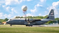 A C-130J Super Hercules aircraft from the Kentucky Air National Guard’s 165th Airlift Squadron lands at Barkley Regional Airport in Paducah, Ky., May 13, 2025, carrying Airmen and equipment needed to stand up an aerial port that will function as a cargo hub and evacuation center as part of Exercise Grindstone, a major earthquake-response simulation. Paducah lies within the New Madrid Seismic Zone, the most active seismic area in the Eastern United States, and could serve as an air hub in the event of an large-scale earthquake  (U.S. Air National Guard photo by Dale Greer)