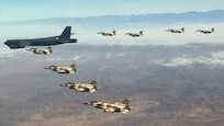 A U.S. Air Force B-52H Stratofortress aircraft assigned to Bomber Task Force Europe integrates with Royal Moroccan Air Force F-16s fighter jets in support of African Lion 2025. AL25, the largest annual military exercise in Africa, demonstrates the reach of U.S. airpower and the U.S. Air Force’s enduring commitment to collaboration with partner forces.