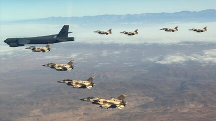 A U.S. Air Force B-52H Stratofortress aircraft assigned to Bomber Task Force Europe integrates with Royal Moroccan Air Force F-16s fighter jets in support of African Lion 2025. AL25, the largest annual military exercise in Africa, demonstrates the reach of U.S. airpower and the U.S. Air Force’s enduring commitment to collaboration with partner forces.