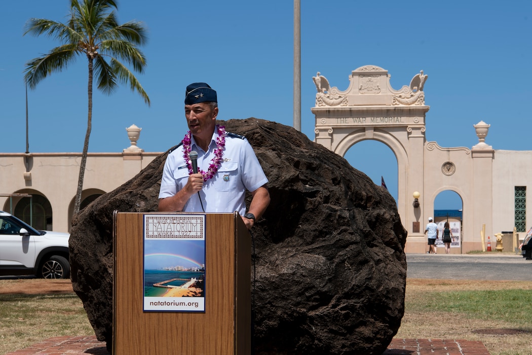 Maj. Gen. Christopher K. Faurot, mobilization assistant to the commander of USINDOPACOM, pays his respects at the 2025 Memorial Day Weekend Service at the War Memorial Natatorium, Waikiki, Hawaii, May 25, 2025. USINDOPACOM is committed to enhancing stability in the Indo-Pacific region by promoting security cooperation, encouraging peaceful development, responding to contingencies, deterring aggression and, when necessary, prevailing in conflict. (U.S. Army photo by Sgt. Austin Riel)