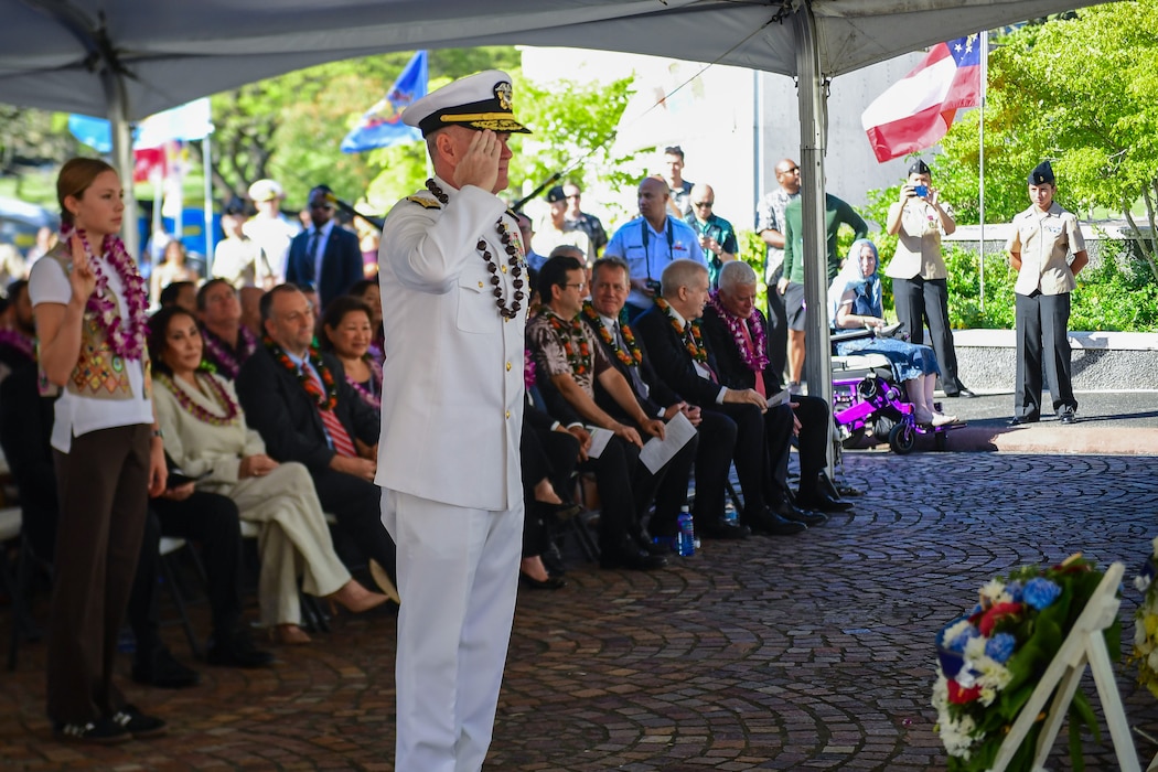 Adm. Samuel J. Paparo, commander of U.S. Indo-Pacific Command, provides the Keynote Address at the 74th Annual Honolulu Mayor’s Memorial Day Ceremony at the National Memorial Cemetery of the Pacific, Honolulu, Hawaii, May 26, 2025. USINDOPACOM is committed to enhancing stability in the Indo-Pacific region by promoting security cooperation, encouraging peaceful development, responding to contingencies, deterring aggression and, when necessary, prevailing in conflict. (U.S. Air Force photo by Master Sgt. Joshua Rosales)