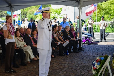 Adm. Samuel J. Paparo, commander of U.S. Indo-Pacific Command, provides the Keynote Address at the 74th Annual Honolulu Mayor’s Memorial Day Ceremony at the National Memorial Cemetery of the Pacific, Honolulu, Hawaii, May 26, 2025. USINDOPACOM is committed to enhancing stability in the Indo-Pacific region by promoting security cooperation, encouraging peaceful development, responding to contingencies, deterring aggression and, when necessary, prevailing in conflict. (U.S. Air Force photo by Master Sgt. Joshua Rosales)