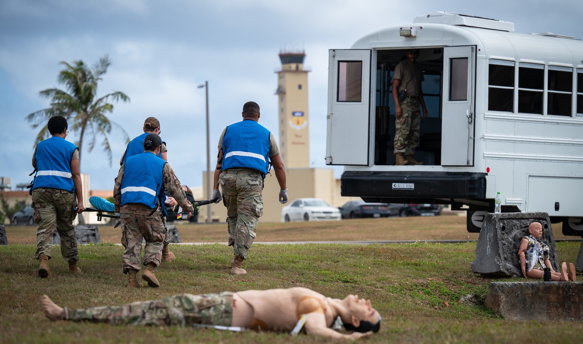 36th Medical Group field response team transport a simulated casualty during a Mass Casualty Exercise on Andersen Air Force Base, Guam, May 14, 2025. The exercise simulated a hostile attack with multiple casualties with varying degrees of severity. The field response team was evaluated on their triage process and how quickly and efficiently they can make decisions that could save lives. (U.S. Air Force photo by Staff Sgt. Pedro Tenorio)