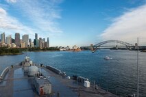 SYDNEY, Australia (May 26, 2025) – The U.S. 7th Fleet flagship USS Blue Ridge (LCC 19) arrives in Sydney, Australia, for a scheduled port visit, May 26, 2025. The Blue Ridge and embarked U.S. 7th Fleet staff conduct regular Indo-Pacific patrols to deter aggression, strengthen alliances and partnerships, and advance future warfighting capabilities. (U.S. Navy photo by Mass Communication Specialist Seaman Damian Cook)