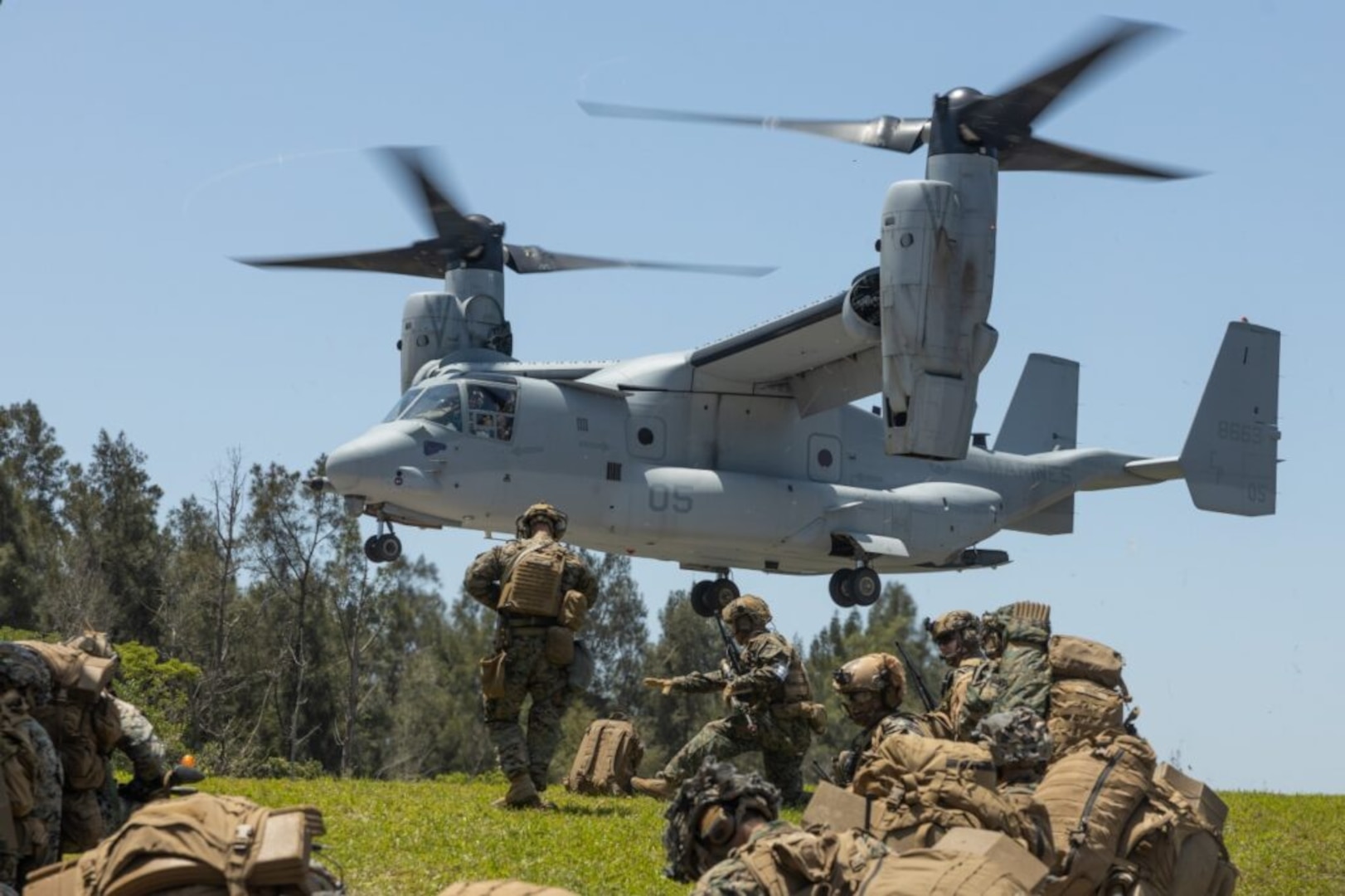 U.S. Marines with Animal Company, Battalion Landing Team 1st Battalion, 7th Marine Regiment, 31st Marine Expeditionary Unit, prepare to embark an MV-22B Osprey aircraft assigned to Marine Medium Tilt Rotor Squadron 265 (Rein.) during a quick response force rehearsal as a part of MEU Exercise, at Camp Hansen, Okinawa, Japan, May 3, 2025.