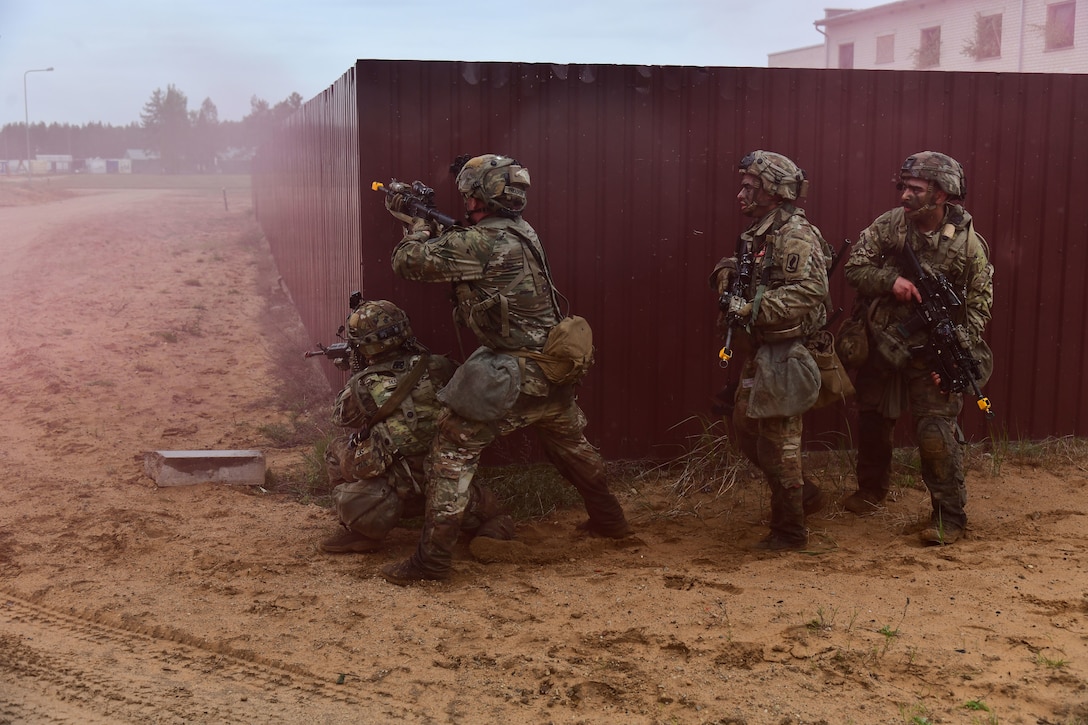 U.S. and French soldiers conduct a joint CBRN and Military Operation Urban Terrain (MOUT) training in Lithuania