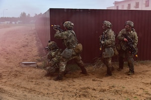 U.S. and French soldiers conduct a joint CBRN and Military Operation Urban Terrain (MOUT) training in Lithuania