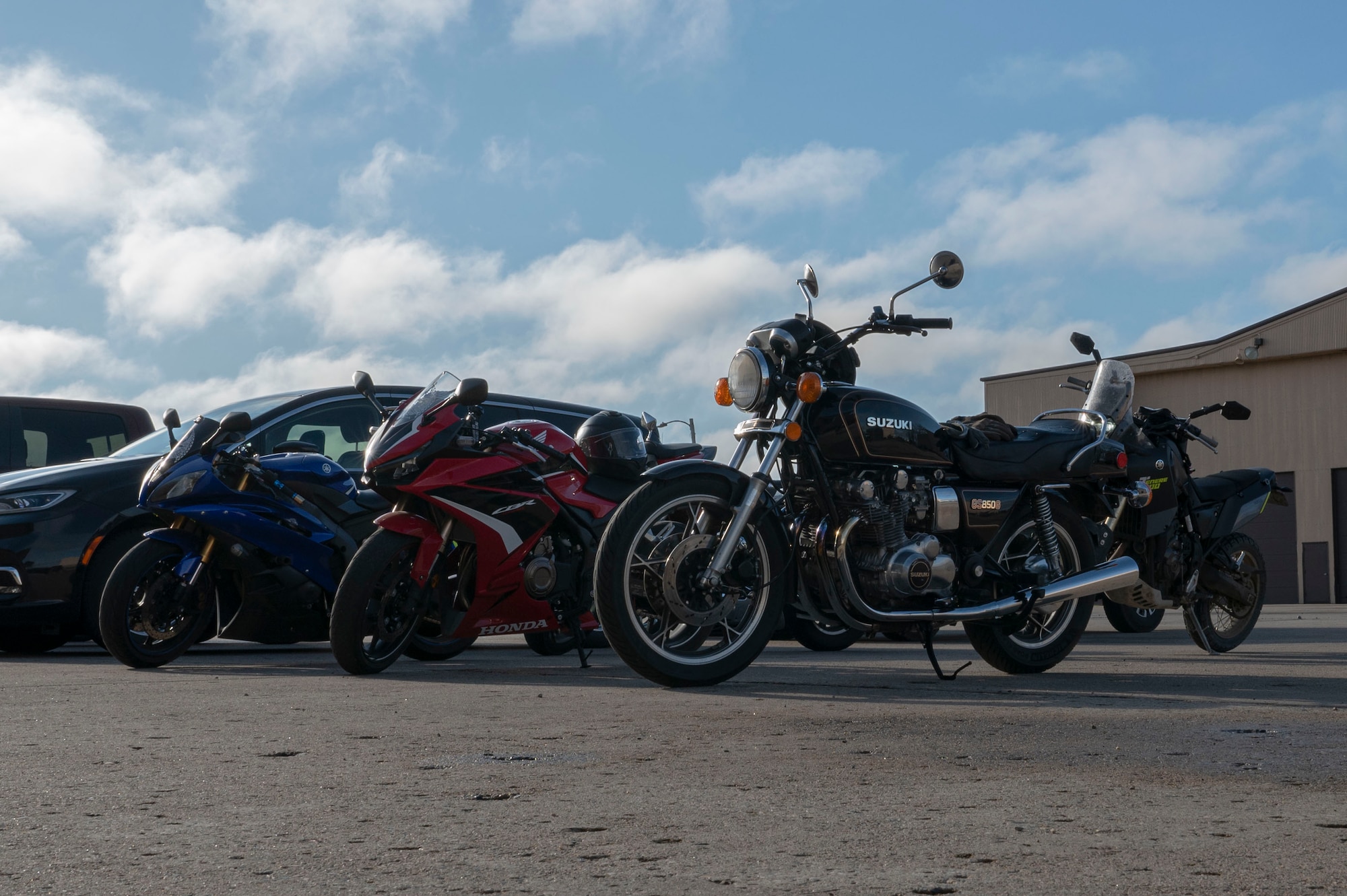 Motorcycles sit outside the passenger terminal at Grand Forks Air Force Base, N.D., May 2, 2025. The annual 319th Reconnaissance Wing Safety Office’s motorcycle safety ride has been going on since 2023 and is meant to give riders the opportunity to experience operating a motorcycle in a supervised, group setting. (U.S. Air Force photo by Airman 1st Class Emma Funderburk)