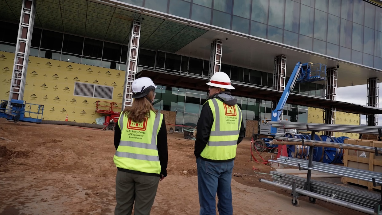 Heather Duggan, (left), area engineer from the U.S. Army Corps of Engineers, Omaha District Rocky Mountain Area Office tours construction at the U.S. Air Force Academy.