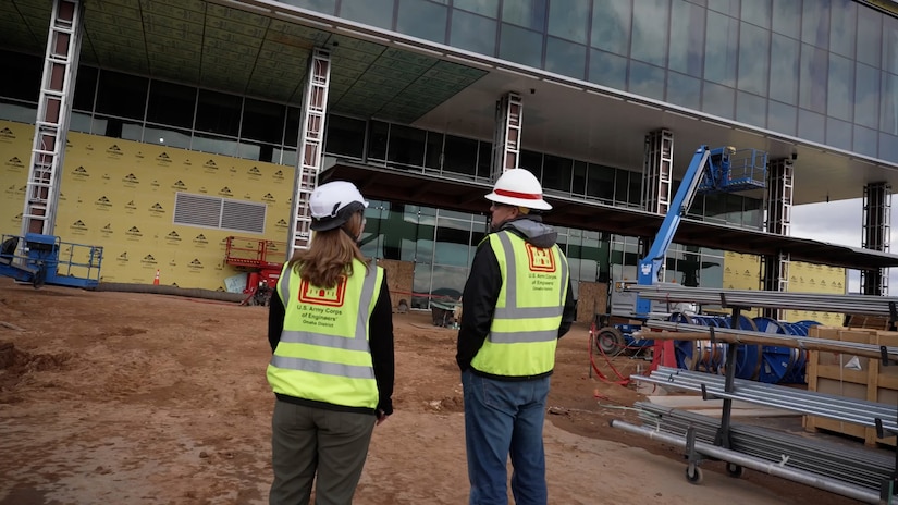 Heather Duggan, (left), area engineer from the U.S. Army Corps of Engineers, Omaha District Rocky Mountain Area Office tours construction at the U.S. Air Force Academy.