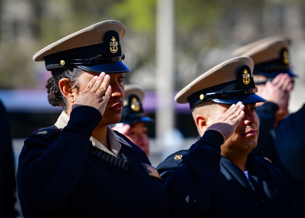 WASHINGTON (April 1, 2025) - Chief Petty Officers from the National Capital Region area of operations, salute during a ceremony commemorating the 132nd birthday of the Navy Chief. (U.S. Navy Photo by Mass Communication Specialist 1st Class Griffin Kersting)