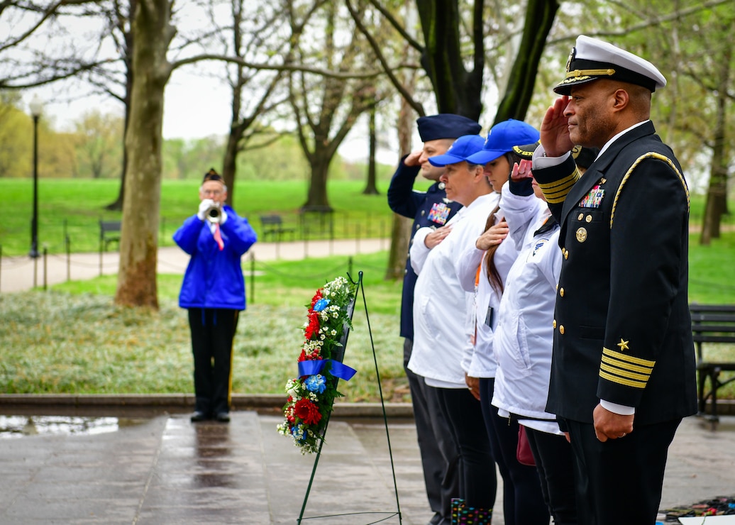WASHINGTON (April 7, 2025) - Naval District Washington Chief of Staff Capt. David Adams participates in a wreathe laying ceremony during the 8th annual Bucks County Tour of Honor. During the tour, veterans from Bucks County Pennsylvania visited the monuments of Washington D.C., celebrating the enduring sacrifices of our veterans. (U.S. Navy Photo by Mass Communication Specialist 1st Class Griffin Kersting)