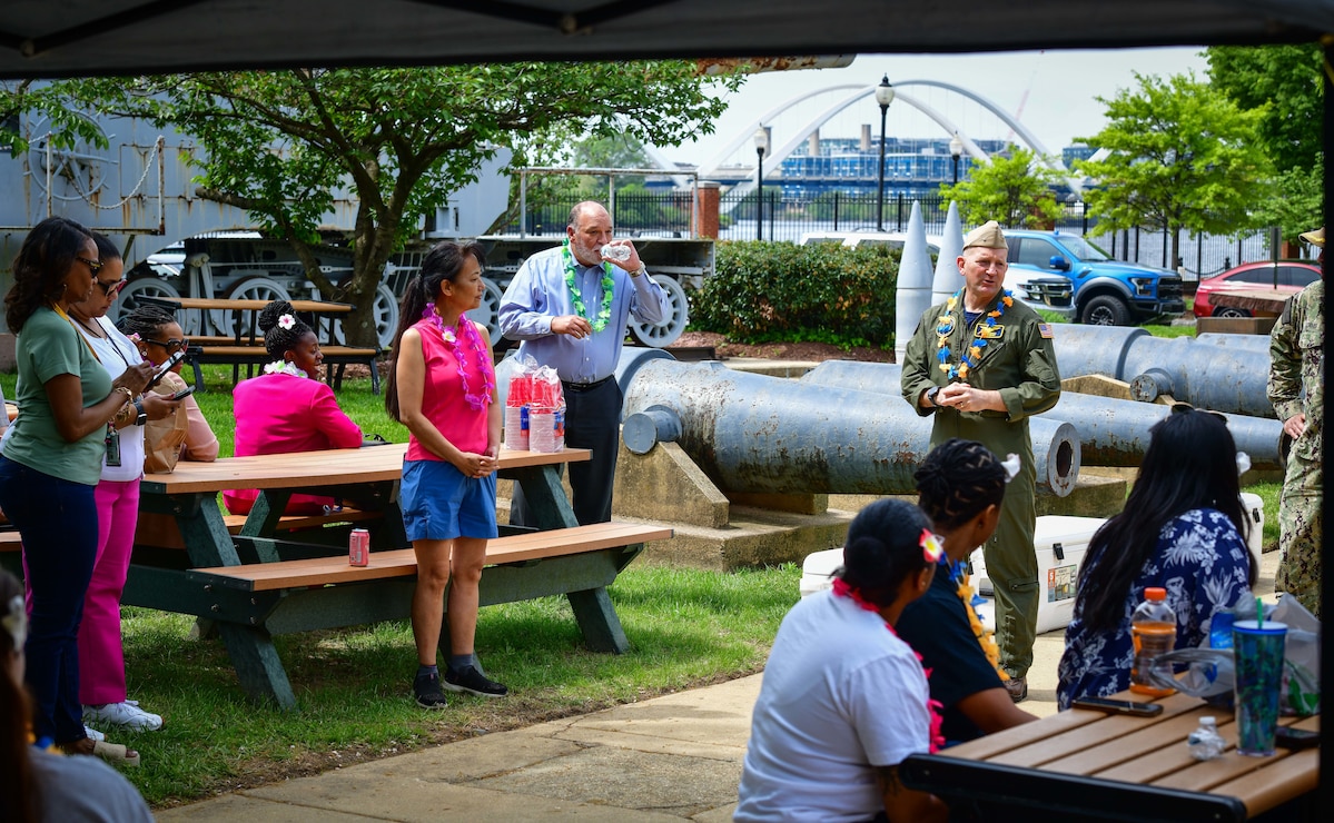 WASHINGTON (April 24, 2025) - Rear Adm. David Faehnle, commandant, Naval District Washington, addresses military and civilian staff members during the annual Naval District Washington command potluck. (U.S. Navy Photo by Mass Communication Specialist 1st Class Griffin Kersting)