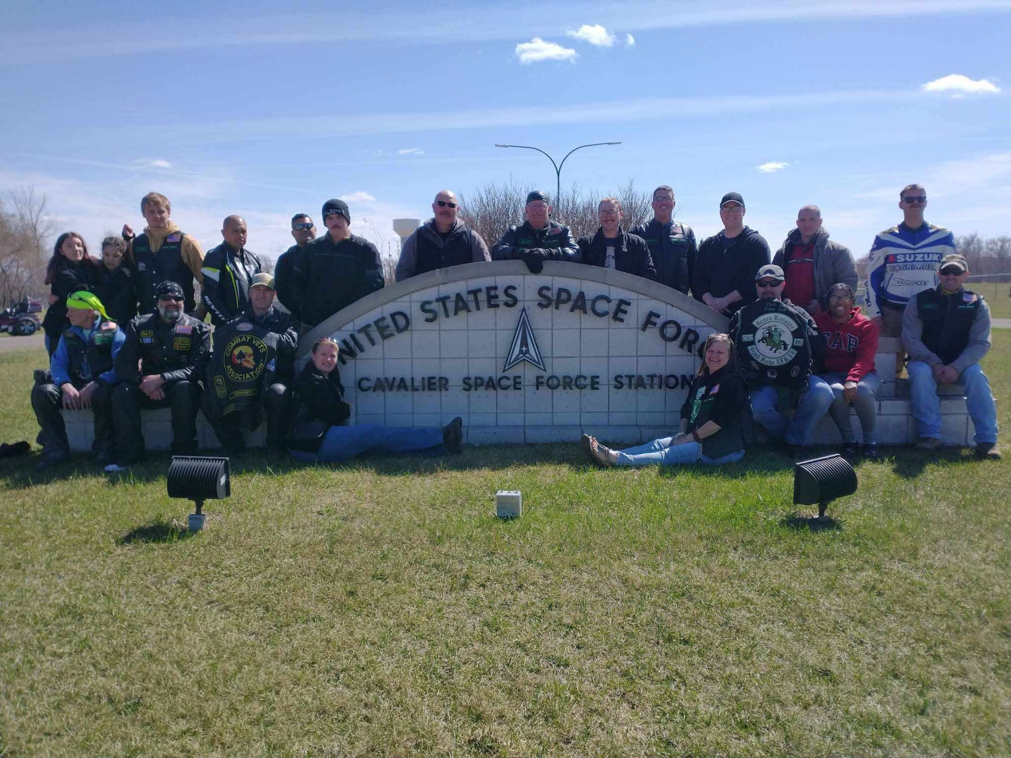 A group of motorcycle riders pose for a photo at Cavalier SFS, N.D., May 2, 2025. (Courtesy photo by Melanie Quirdera)