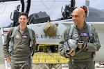 Lt. Gen. Brian Robinson, Air Education and Training Command commander, walks away from a T-7A Red Hawk, following a successful flight with instructor Lt. Col. Jonathan Aronoff, 416th Flight Test Squadron, at Edwards Air Force Base, Calif, April 30. Robinson became the first non-test pilot to fly the T-7A. His flight represented a significant demonstration of progress and commitment to modernizing pilot training. (U.S. Air Force photo by Jennifer Healy)