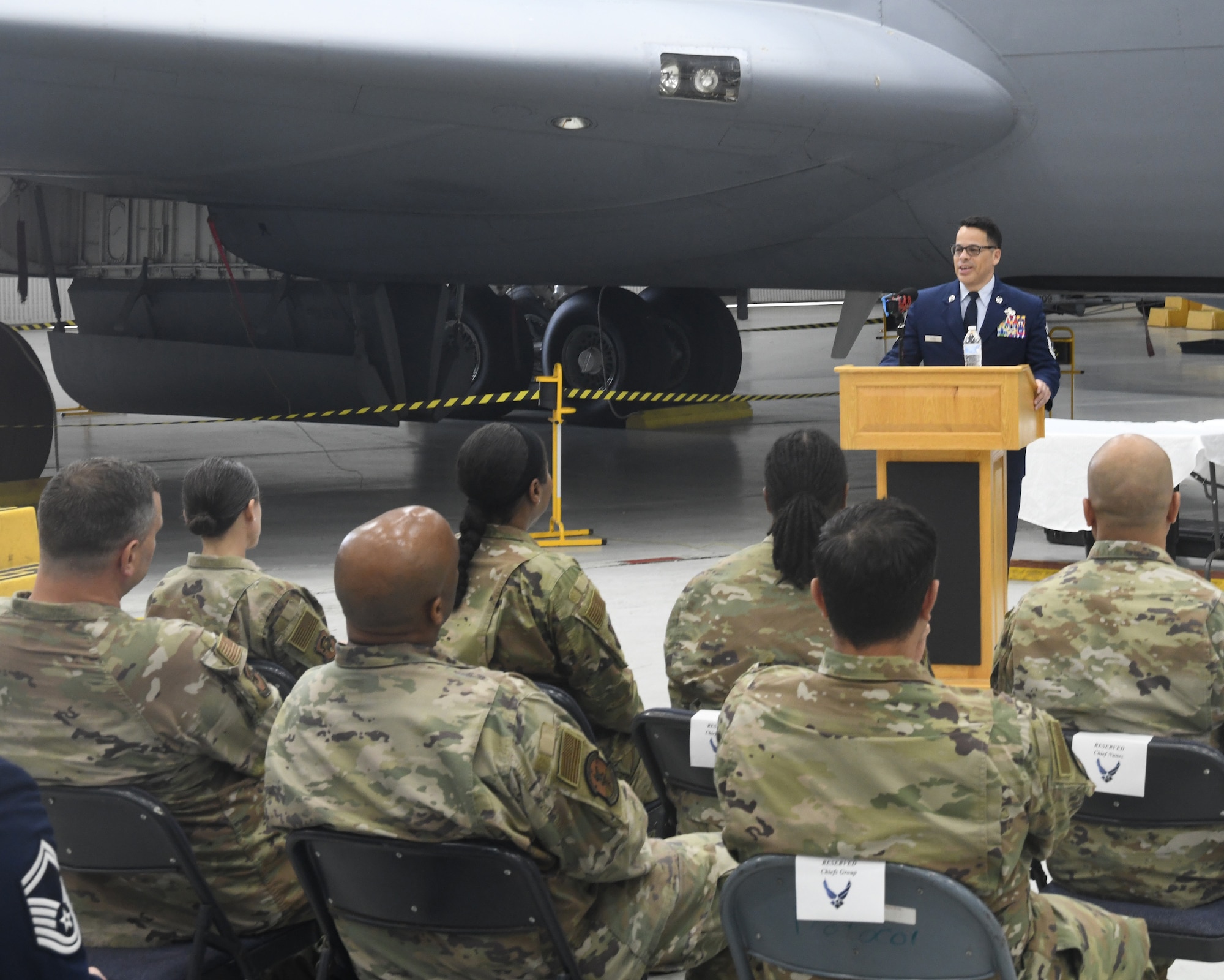 Senior Master Sgt. Erick Perez, 69th Aerial Port Squadron, addresses the audience after being promoted to the rank of Chief Master Sergeant during his promotion ceremony at the 459th Air Refueling Wing held on May 4, 2025. His family did the honors of pinning the rank on him, and Lt. Col. Edward Buck, 69th APS Commander, was the presiding official. (U.S. Air Force photo by Lt. Col. Timothy Smith)