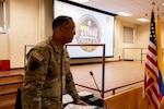 Sgt. Maj Ottoniel Rivera, the U.S. Army South, Security Cooperation Directorate Senior Enlisted Leader, addresses distinguished guests and students during the Programa Integral para Suboficiales de Alta Jerarquia 20 (PISAJ-20) closing ceremony at Fort Sill, Okla., May 16, 2025.  PISAJ is a geo-strategic semiannual military engagement focused on developing, advancing, and professionalizing the COLAR senior NCO corps. (U.S. Army photo by Sgt. Maj. Juan C. Munoz)