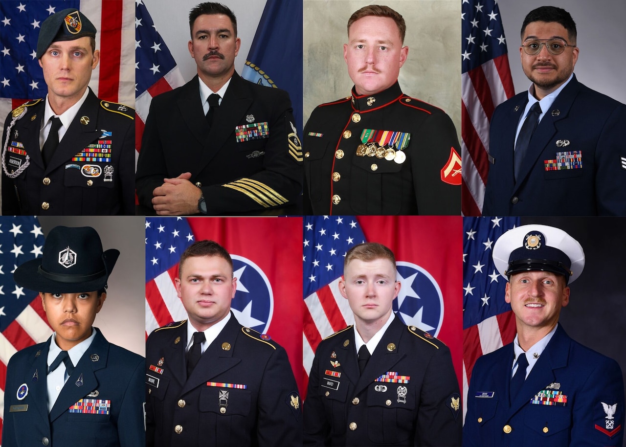 A graphic shows eight official photos of service members in uniform.
