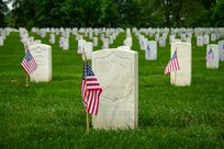 There is a small U.S. flag placed in front of each tombstone in Arlington National Cemetery, which includes rows and rows of white tombstones amid bright green grass.