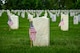 There is a small U.S. flag placed in front of each tombstone in Arlington National Cemetery, which includes rows and rows of white tombstones amid bright green grass.