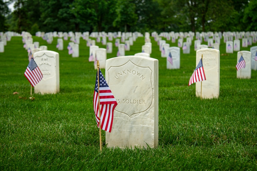 There is a small U.S. flag placed in front of each tombstone in Arlington National Cemetery, which includes rows and rows of white tombstones amid bright green grass.
