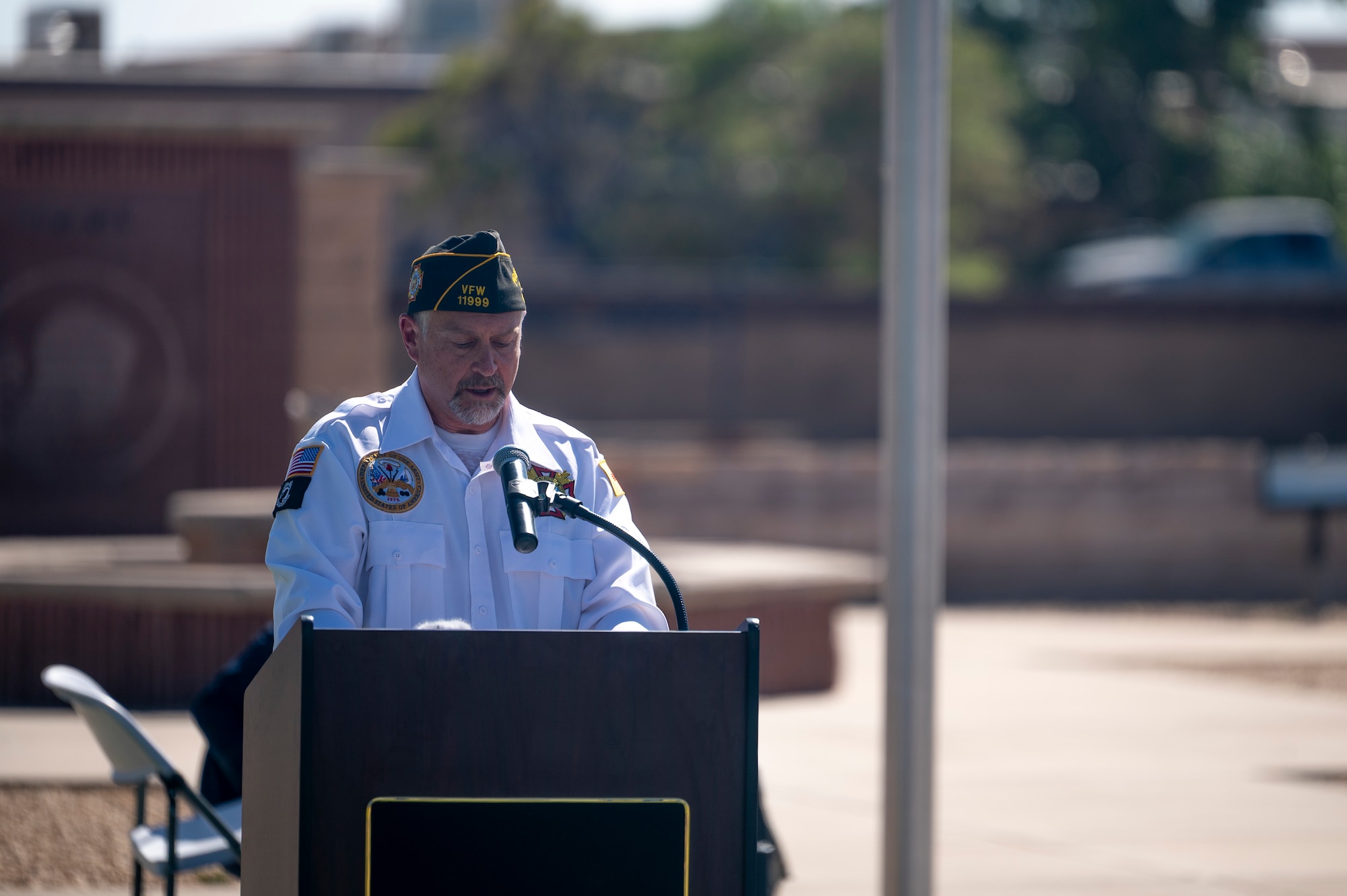Paul Benshoof, 746th Test Squadron technical director, provides remarks during a Memorial Day Ceremony at Holloman Air Force Base, New Mexico, May 22, 2025. Memorial Day originated as Decoration Day in the years following the Civil War, where the graves of fallen service members were adorned with flowers, and after gaining prominence over time, the tradition was officially established as a national holiday on the final Monday of May by Congress in 1968. (U.S. Air Force photo by Tech. Sgt. Victor J. Caputo)