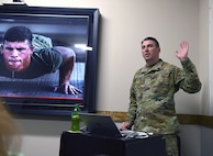 Master Sgt. William Harbeson leads heat-related illness training during AMLC’s safety stand-down on May 14 at Fort Detrick, Maryland.