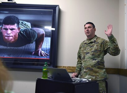 Master Sgt. William Harbeson leads heat-related illness training during AMLC’s safety stand-down on May 14 at Fort Detrick, Maryland.