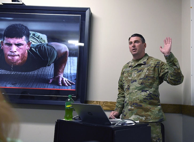Master Sgt. William Harbeson leads heat-related illness training during AMLC’s safety stand-down on May 14 at Fort Detrick, Maryland.