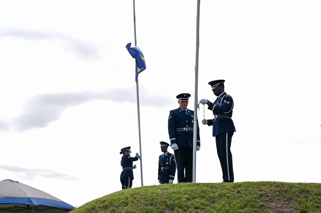 Goodfellow Air Force Base Honor Guard members raise the flag during the 2025 Memorial Day Remembrance Ceremony at Johnson’s Lawnhaven Memorial Gardens, San Angelo, Texas, May 26, 2025. Members of Goodfellow Air Force Base and veterans of the San Angelo community came together to honor those who made the ultimate sacrifice. (U.S. Air Force photo by Senior Airman Evelyn J. D’Errico)