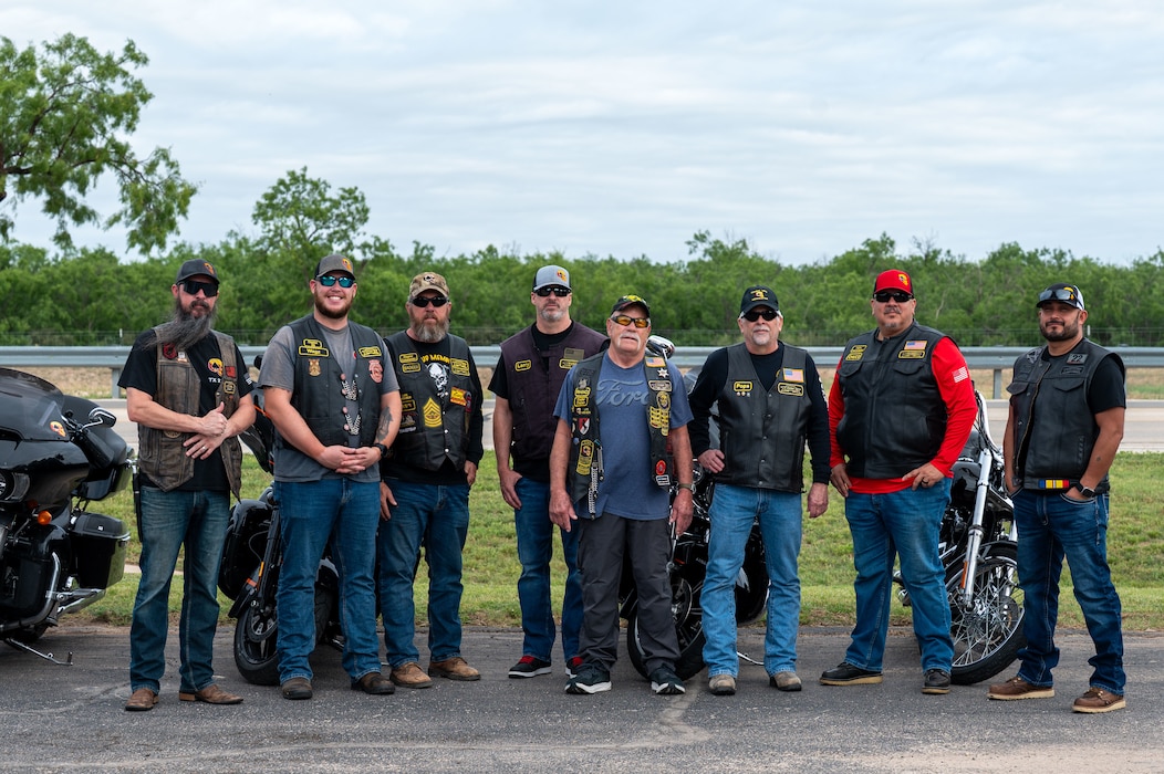 Combat Veterans Motorcycle Association members attend the Concho Valley Vietnam Veterans Memorial at the San Angelo Regional Airport - Mathis Field, San Angelo, Texas May 26, 2025. Attendees commemorated Memorial Day throughout the Concho Valley to honor and mourn the U.S. military personnel who died while serving in the United States Armed Forces. (U.S. Air Force photo by Airman 1st Class James Salellas)