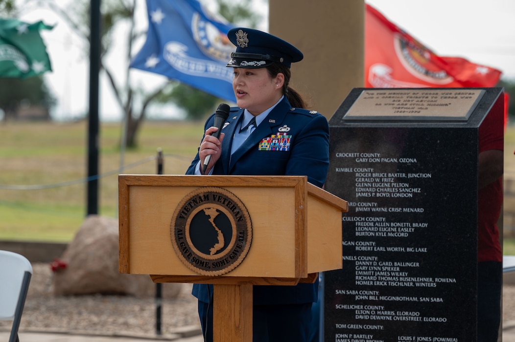 U.S. Air Force Lt. Col. Nancy Schwab, 17th Training Support Squadron commander, speaks at the Concho Valley Vietnam Veterans Memorial at the San Angelo Regional Airport - Mathis Field, San Angelo, Texas, May 26, 2025. Memorial Day is a federal holiday observed on the last Monday of May to honor and mourn U.S. military personnel who died while serving in the Armed Forces. (U.S. Air Force photo by Airman 1st Class James Salellas)