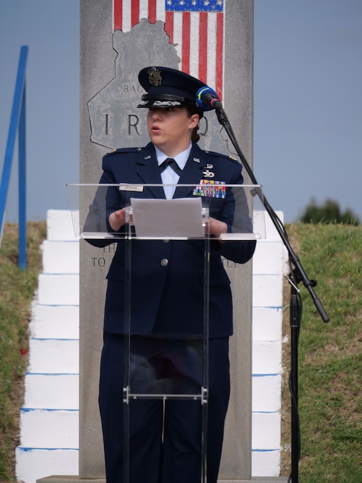 U.S. Air Force Maj. Cristina Behrens, 312th Training Squadron Director of Operations, speaks at the 2025 Memorial Day Remembrance Ceremony at Johnson’s Lawnhaven Memorial Garden, San Angelo, Texas, May 26, 2025. Johnson’s Lawnhaven Memorial Garden observes Memorial Day on the last Monday of May, along with the rest of the country, to honor and mourn U.S. military personnel who died while serving in the Armed Forces. (U.S. Air Force photo by Staff Sergeant Nathan Call)