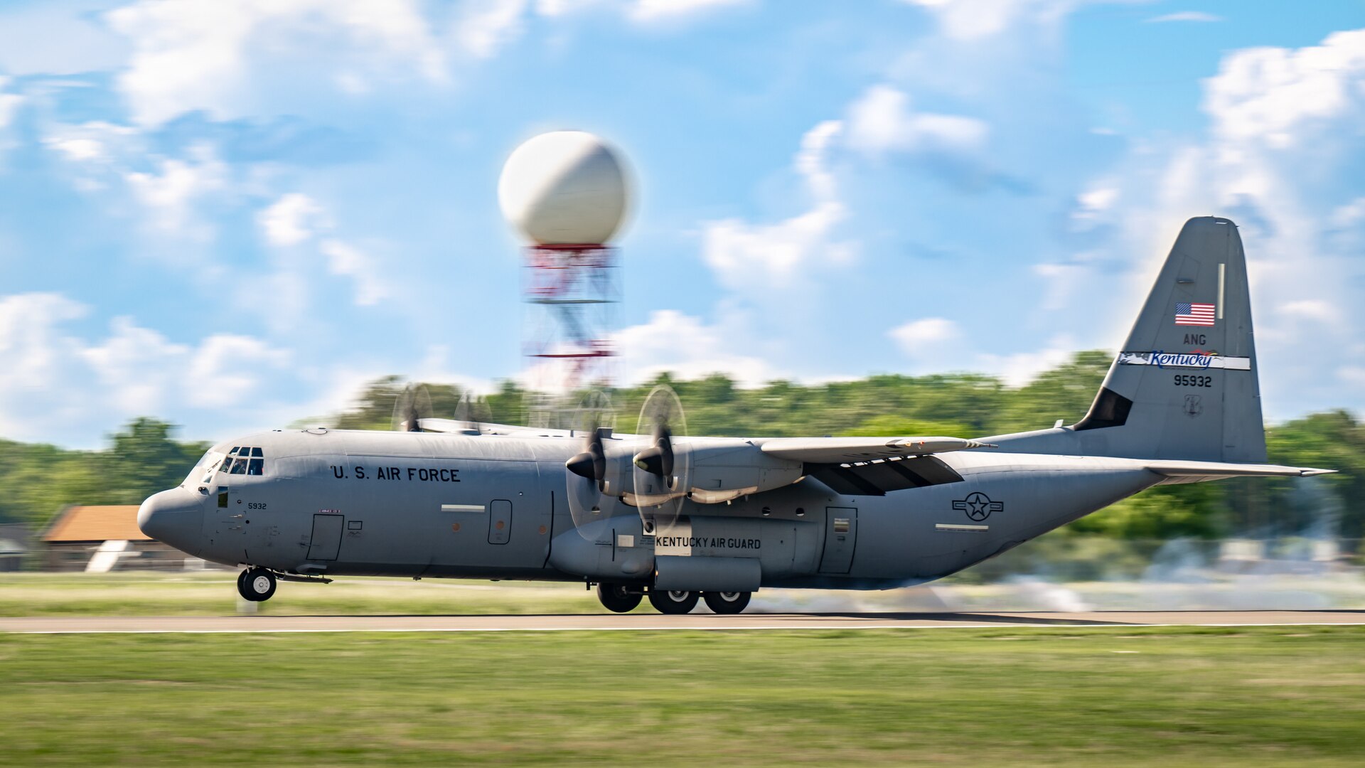 A C-130J Super Hercules aircraft from the Kentucky Air National Guard’s 165th Airlift Squadron lands at Barkley Regional Airport in Paducah, Ky., May 13, 2025, carrying Airmen and equipment needed to stand up an aerial port that will function as a cargo hub and evacuation center as part of Exercise Grindstone, a major earthquake-response simulation.