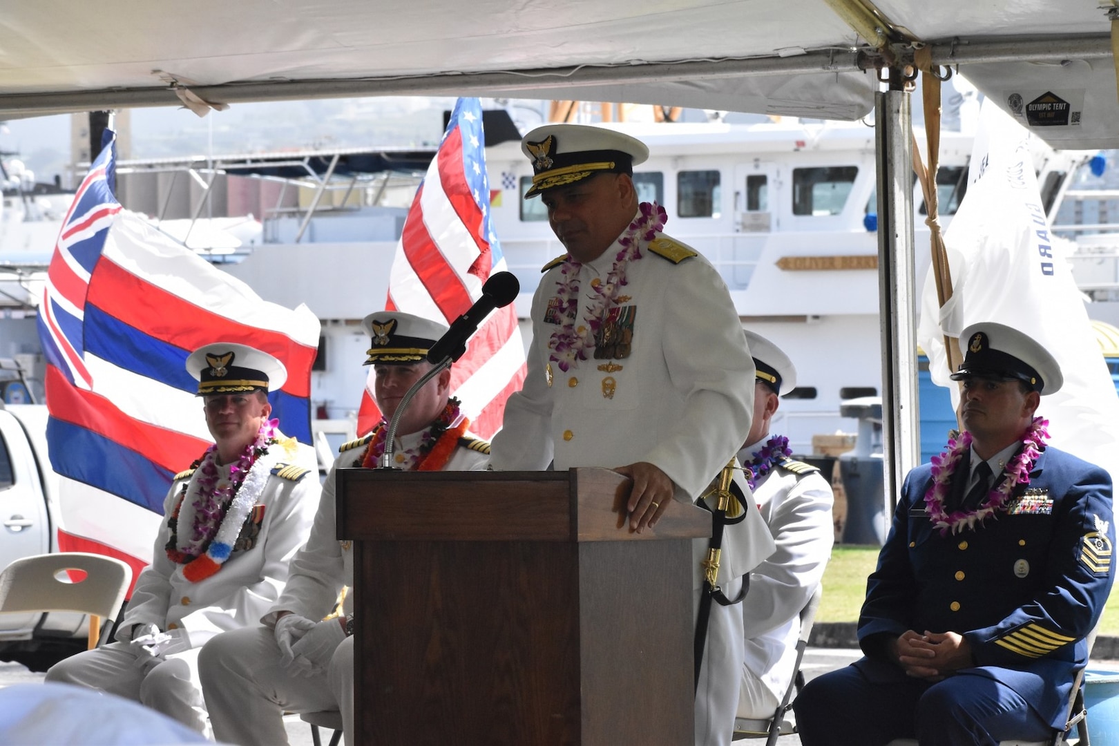 Vice Adm. Andrew Tiongson, commander, U.S. Coast Guard Pacific Area, delivers remarks during the change of command ceremony for U.S. Coast Guard Cutter Midgett (WMSL 757) in Honolulu, May 23, 2025. Commissioned in 2019, Midgett is named after the Midgett family and is one of two Coast Guard legend-class National Security Cutters homeported in Honolulu. (U.S. Coast Guard photo by Ens. Harlan Brady).