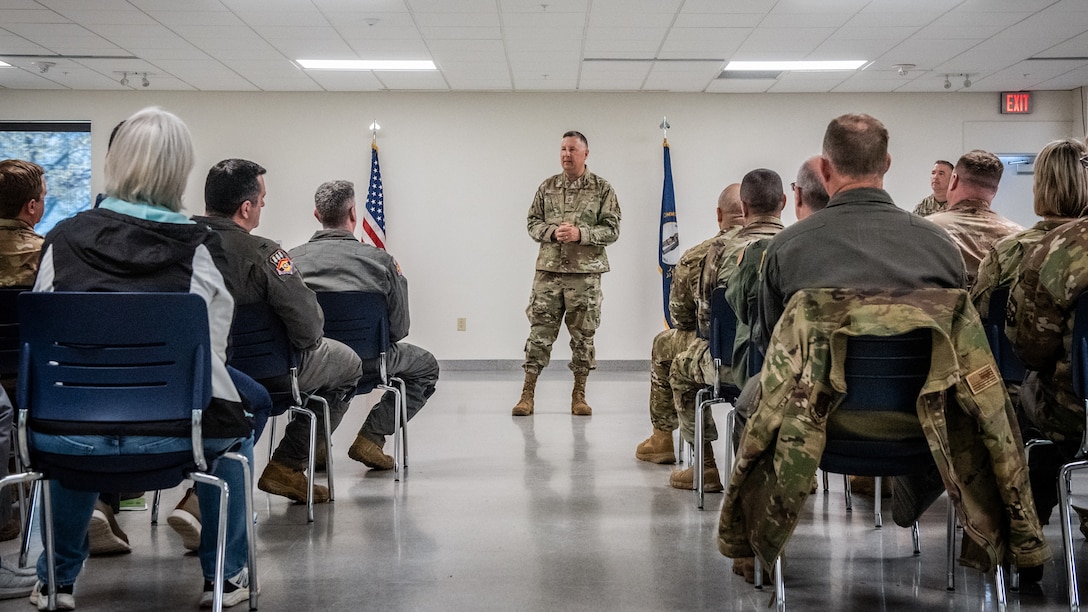 Chief Master Sgt. James Tongate, outgoing state command chief master sergeant at Joint Force Headquarters—Kentucky, speaks during a ceremony honoring retirees at the Kentucky Air National Guard Base in Louisville, Ky., April 12, 2025.