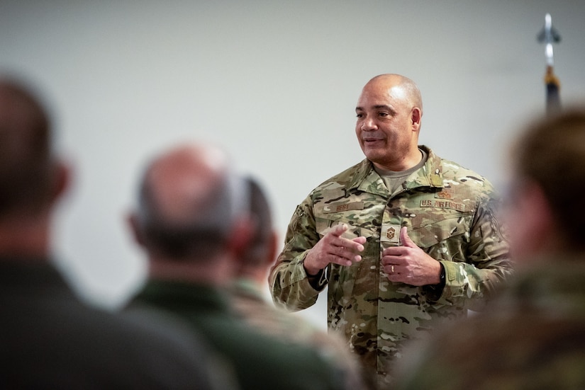 Chief Master Sgt. Steven Best, incoming state command chief master sergeant at Joint Force Headquarters—Kentucky, speaks during a ceremony honoring retirees at the Kentucky Air National Guard Base in Louisville, Ky., April 12, 2025.