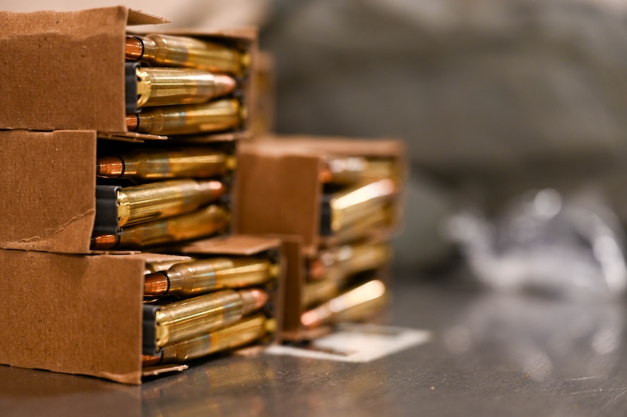 A case of bullets sits ready for use for the M4 firing rifle at Minot Air Force Base, May 8, 2025. The bullets were used for Airmen to train on at the Combat Arms Training and Maintenance course.(U.S. Air Force photo by Airman 1st Class Anthony Ramey)
