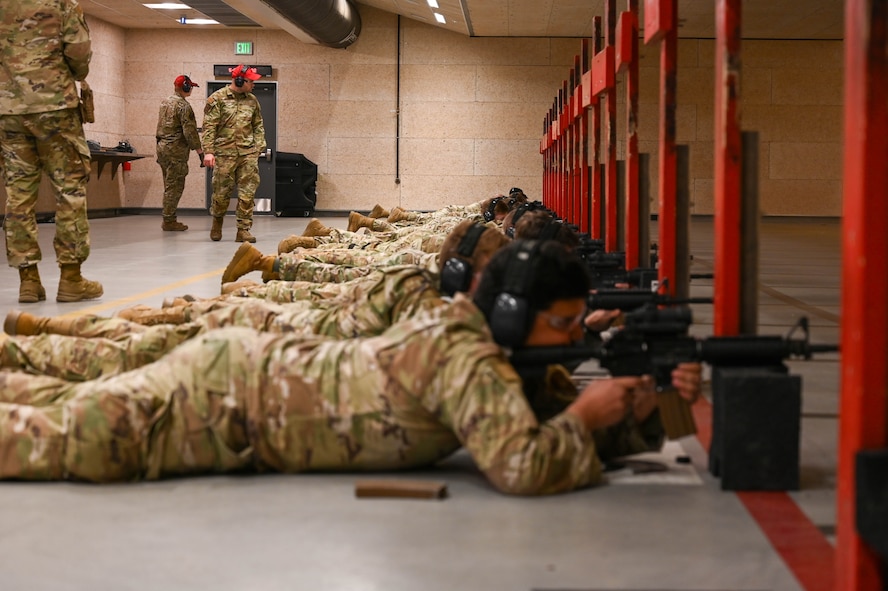 Team Minot defenders aim down the sights at Minot Air Force Base, May 8, 2025. The defenders were practicing their aim during their Combat Arms Training and Maintenance program, making them more lethal Airmen.(U.S. Air Force photo by Airman 1st Class Anthony Ramey)