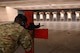 U.S. Air Force Tech. Sgt. Reuben Moss, unit deployment manager assigned to the 5th Civil engineering squadron, fires shots down range at Minot Air Force Base, May 8, 2025. Moss was practicing shooting at targets as a part of the Combat Arms Training and Maintenance course, making him more deployment ready. .(U.S. Air Force photo by Airman 1st Class Anthony Ramey)