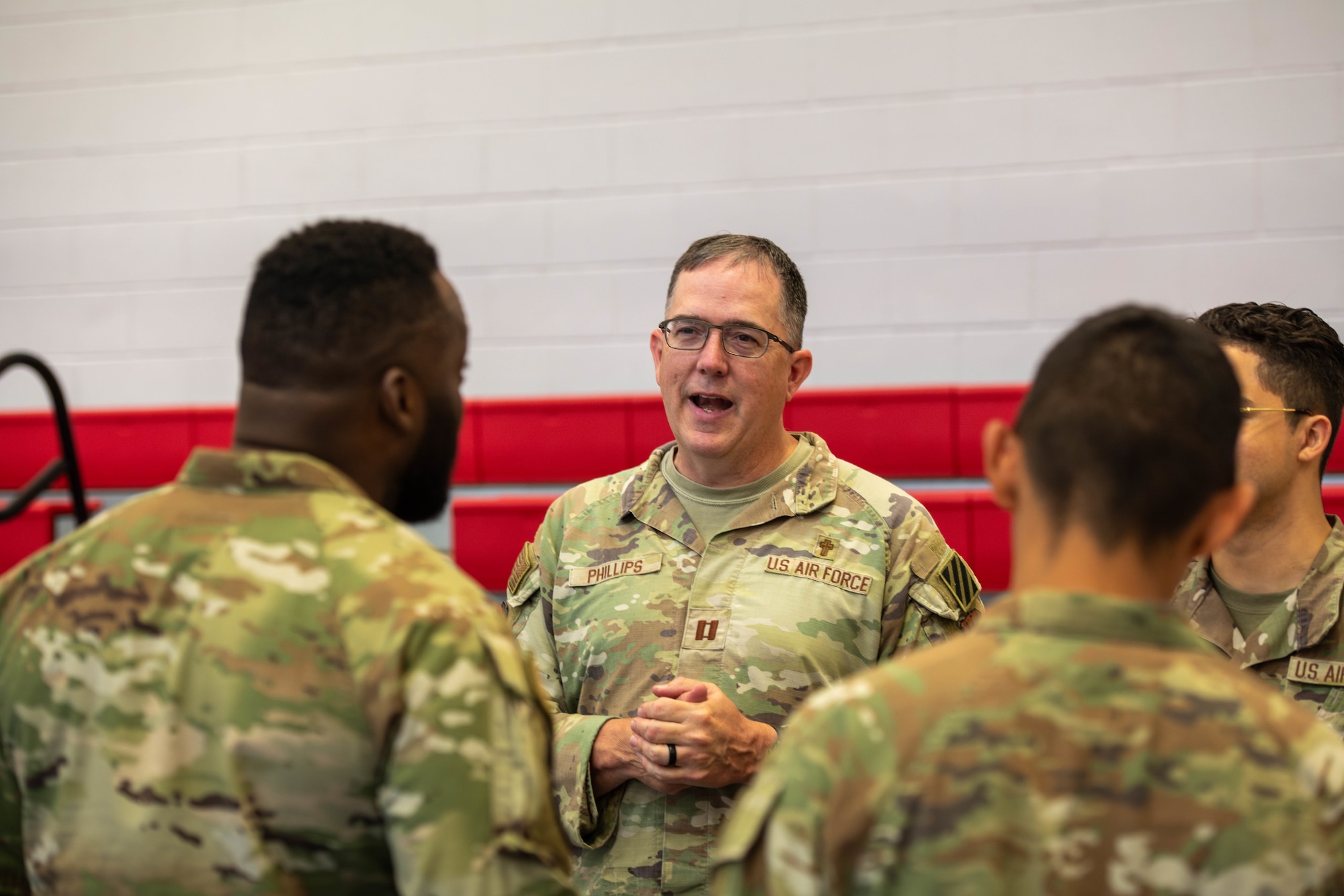 U.S. Air Force Capt. Gregory Phillips, 325th Fighter Wing chaplain, speaks to attendees of the Elevate Expo at Tyndall Air Force Base, Florida.