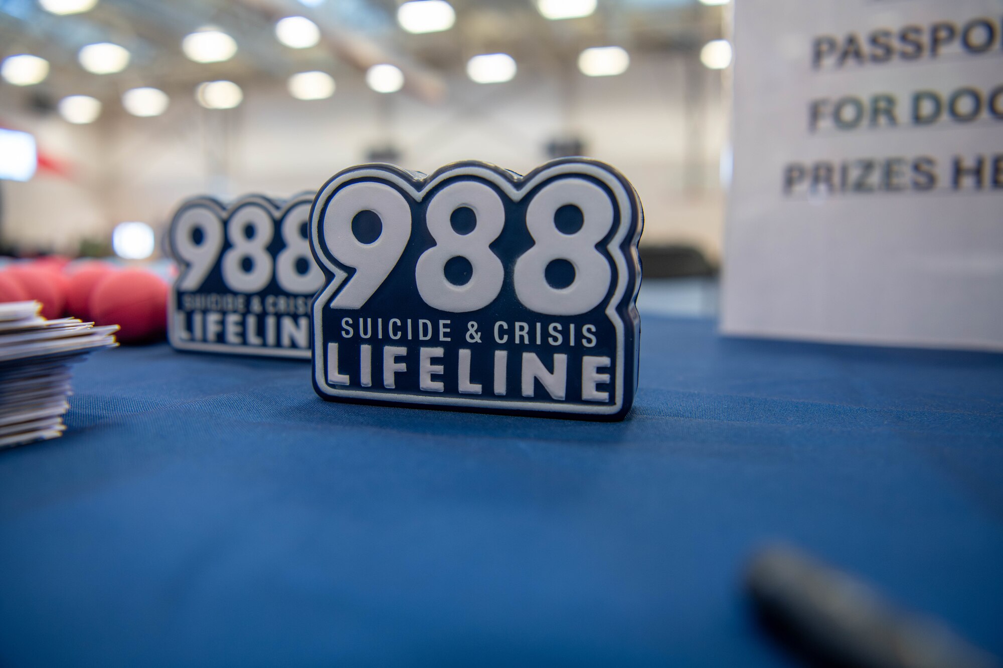 A suicide and crisis stress toy is displayed on a table at the Elevate Expo at Tyndall Air Force Base, Florida.