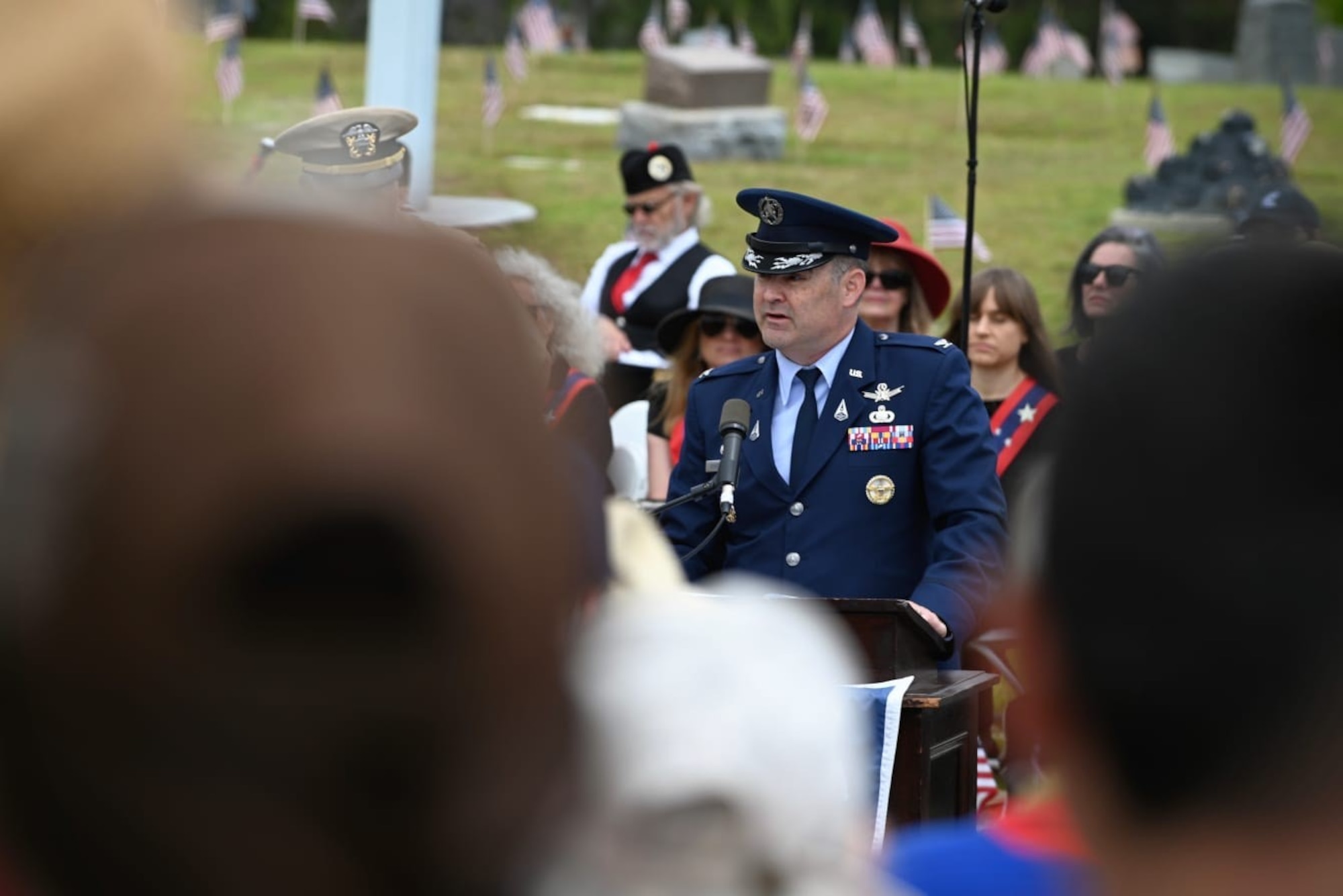 U.S. Space Force Col. Mark Shoemaker, Space Launch Delta 30 commander, delivers a commemorative speech during a Memorial Day ceremony in Santa Barbara, Calif., May 26, 2025. Team Vandenberg leadership participated in Memorial Day ceremonies alongside community members in Lompoc, Santa Maria, Solvang, Orcutt, Ojai and Santa Barbara. Collectively, they paid tribute to the fallen heroes who once bravely defended our nation. (U.S. Space Force photo by Tech. Sgt. Draeke Layman)
