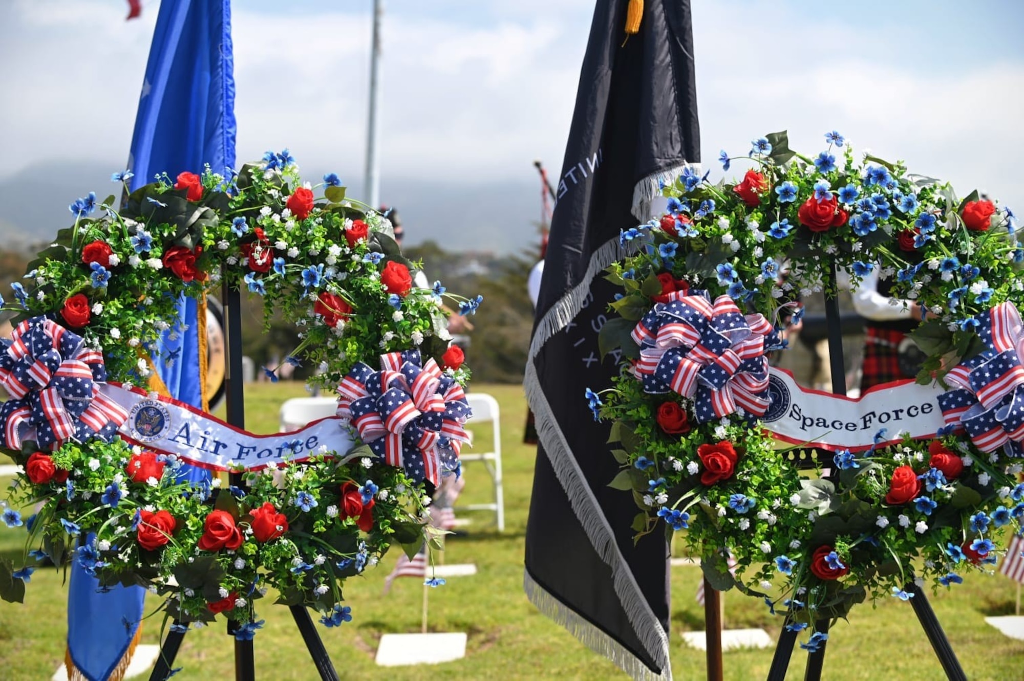 Two commemorative wreaths are placed at the Santa Barbara Cemetery in Santa Barbara, Calif., May 26, 2025. The wreaths were placed by community members and local military veterans to honor those who have paid the ultimate sacrifice in service to defending the United States. Team Vandenberg leadership participated in Memorial Day ceremonies alongside various community members in Lompoc, Santa Maria, Solvang, Orcutt, Ojai and Santa Barbara. (U.S. Space Force photo by Tech. Sgt. Draeke Layman)