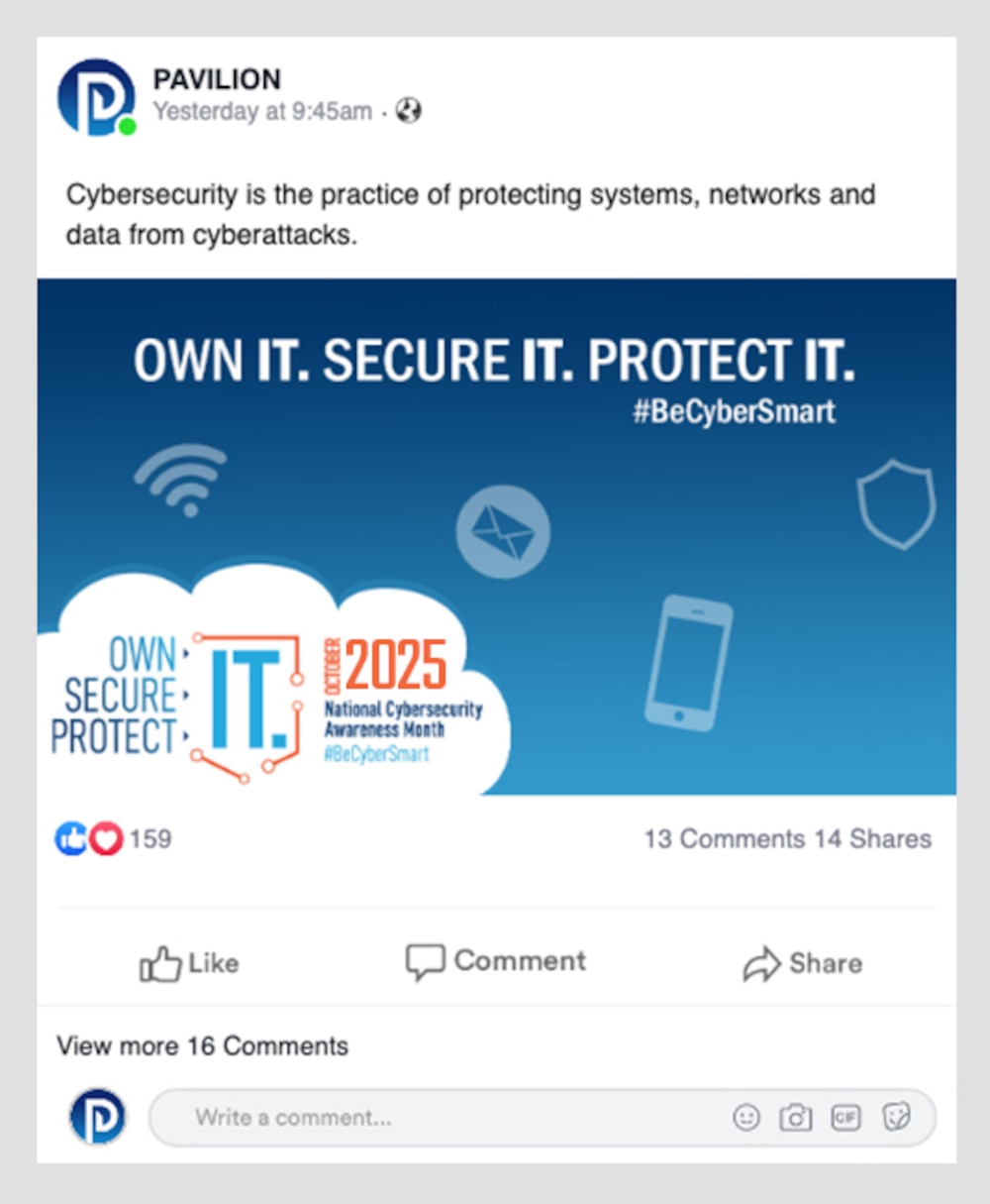 Example of a fictitious social media post that includes message one and an upcoming event, all directly related to the theme and objective.