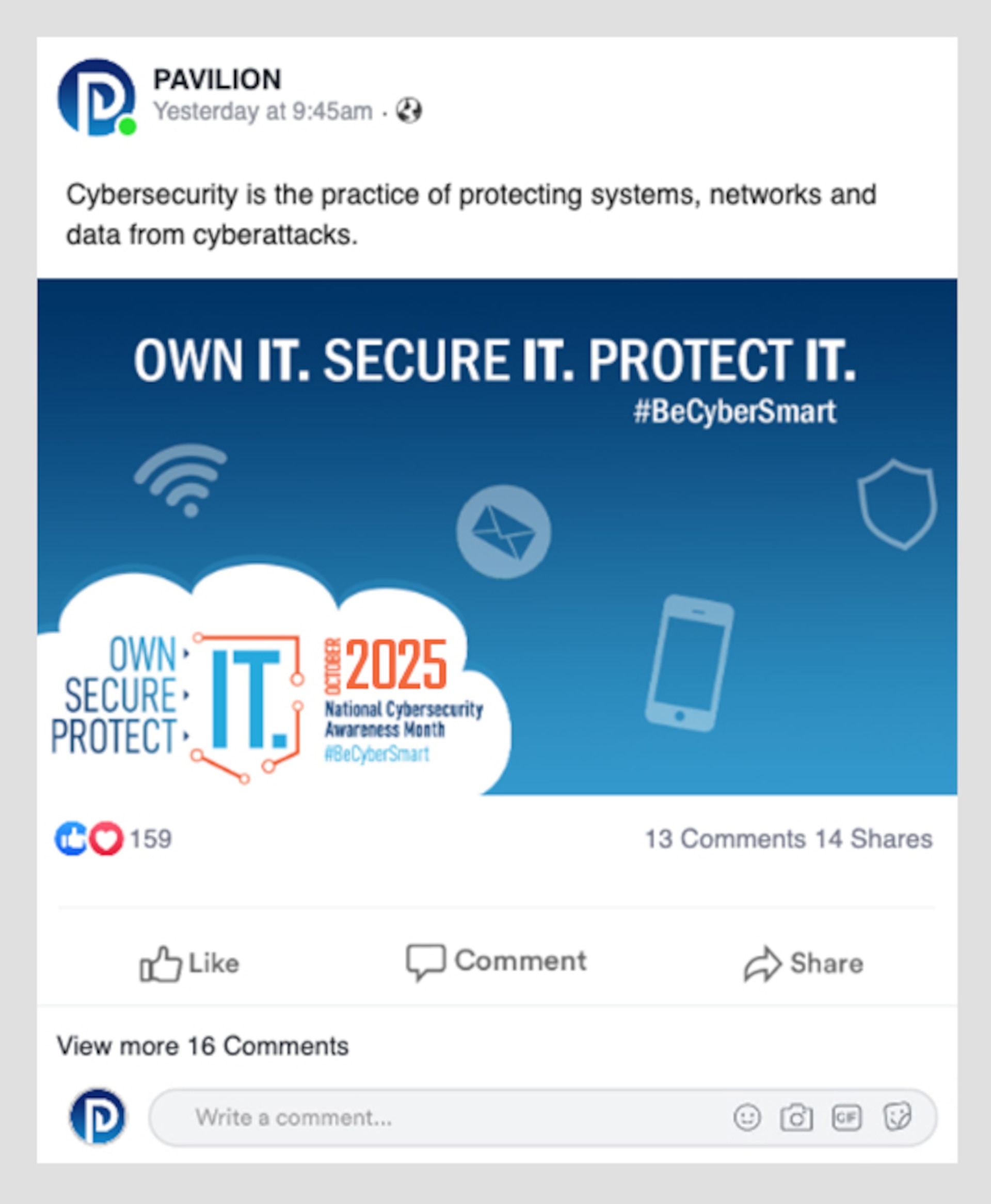 Example of a fictitious social media post that includes message one and an upcoming event, all directly related to the theme and objective.