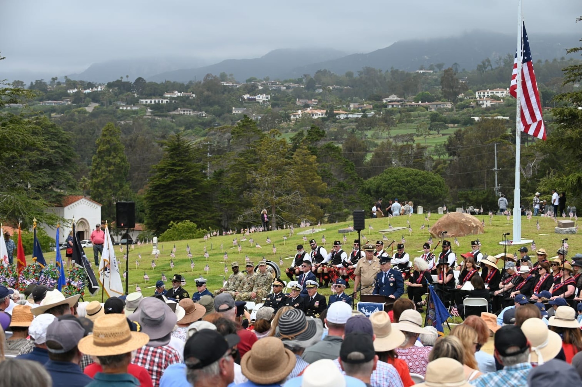 Members of the Santa Barbara community watch on as U.S. Space Force Col. Mark Shoemaker, Space Launch Delta 30 commander, delivers a commemorative speech during a Memorial Day ceremony in Santa Barbara, Calif., May 26, 2025. The event honored and remembered those who made the ultimate sacrifice in the service of their country. (U.S. Space Force photo by Tech. Sgt. Draeke Layman)