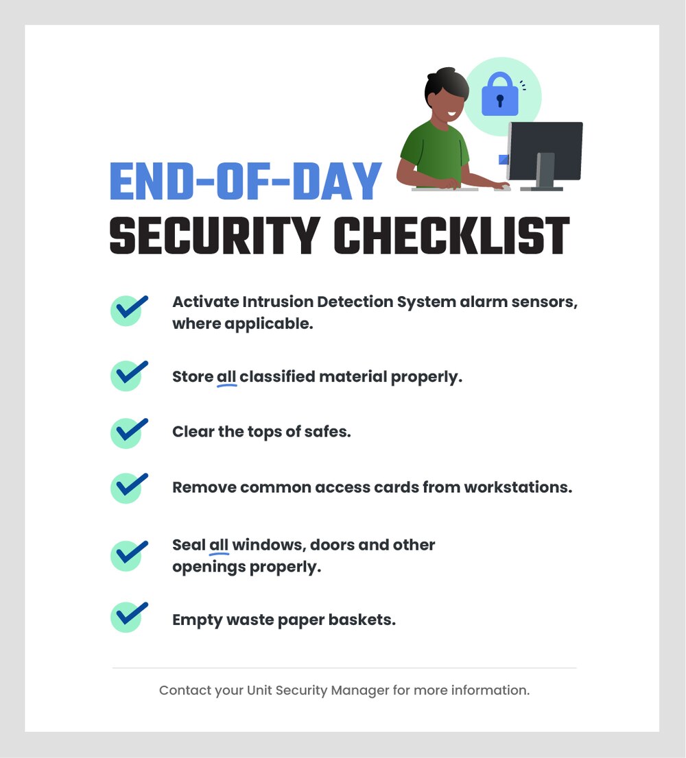 Example of an end-of-day checklist to post in common areas that includes tasks related to the theme and objective of cybersecurity awareness.
